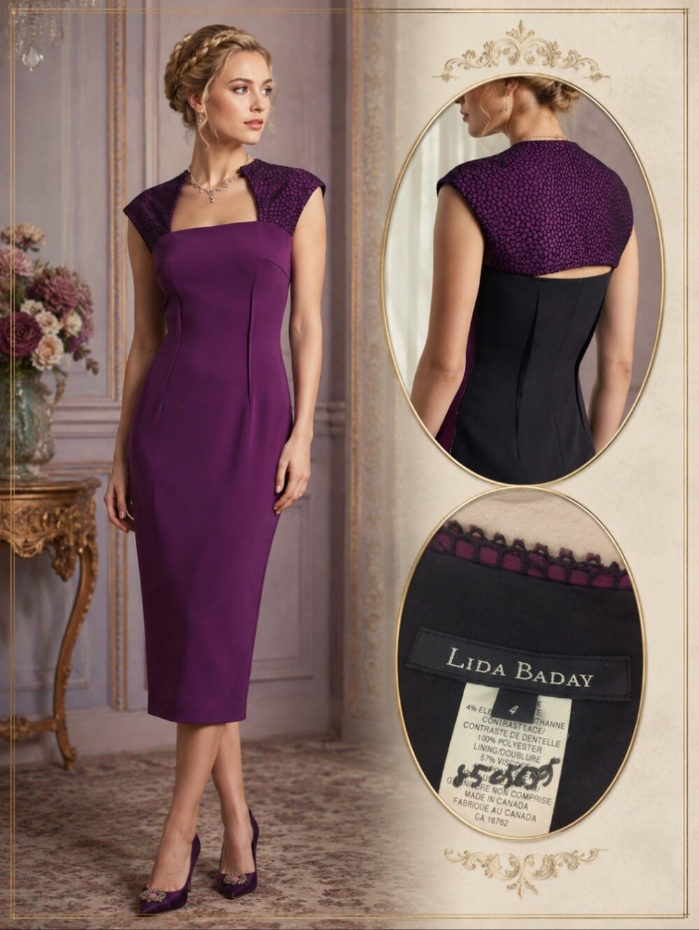 Lisa Baday Designer Queen Anne Bodice Purple/Black Sheath Bridgerton Dress Sz 4